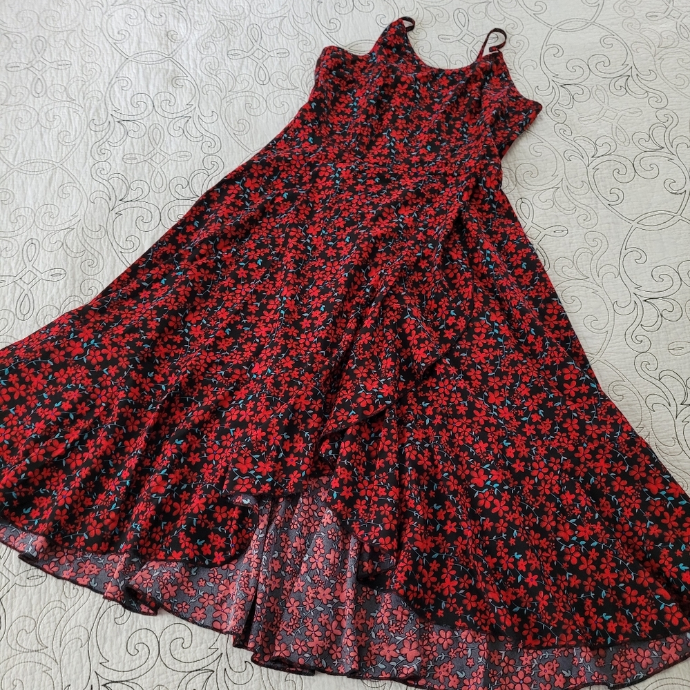 Source Unknown Red and Black Floral High Low Dress